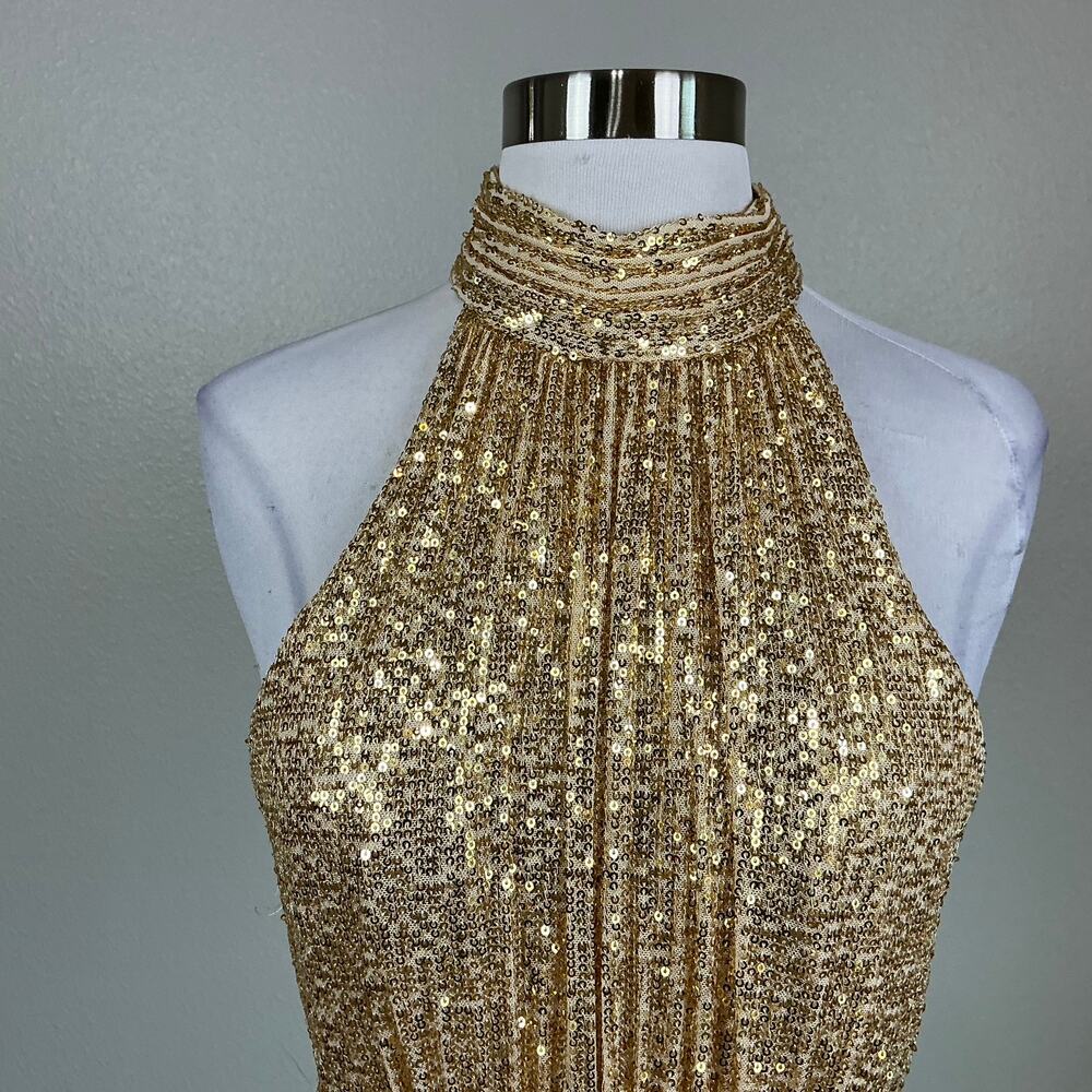 Mac Duggal 11281 Gold Sequined Evening Gown Halter Neck Column Dress Size 4 - Picture 8 of 12